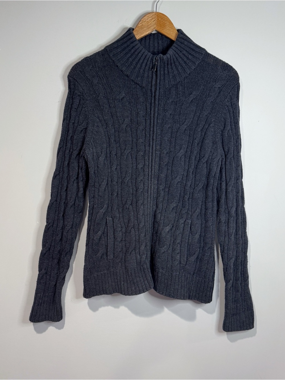 Eddie Bauer Men’s Grey Full Zip Cable Knit Mock Neck Cardigan Sweater Preppy L
